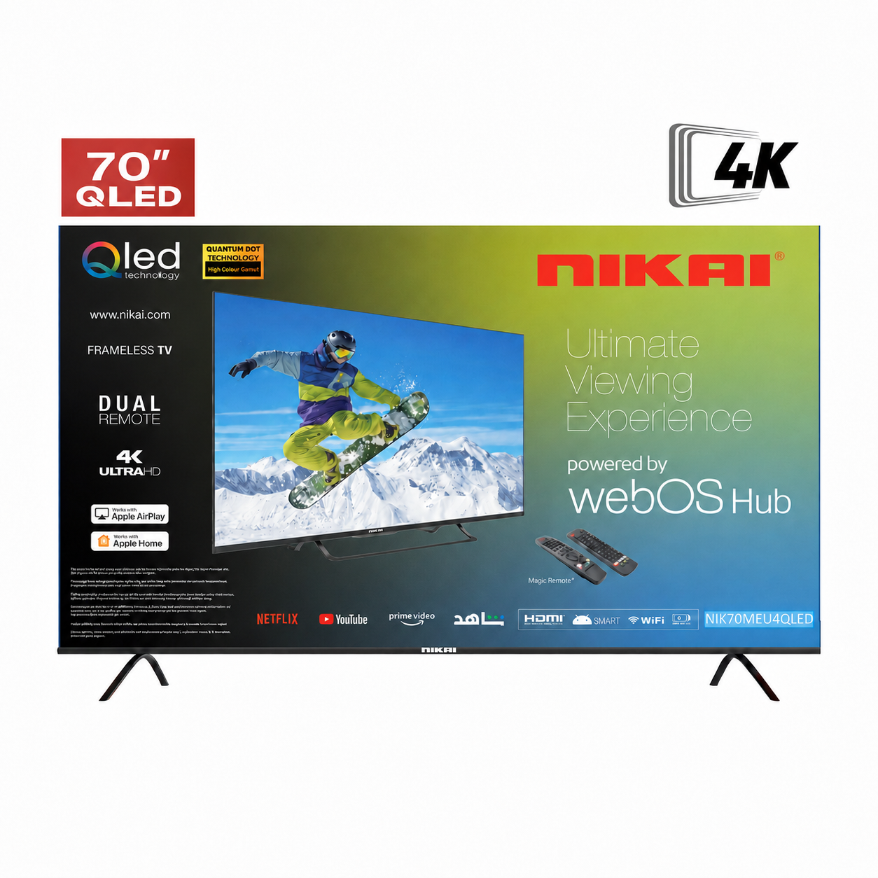 NIK70MEU4QLED (NIK70MEU4QLED) - شاشة نيكاي 70بوصة كيوليد , ويب او اس , سمارت , تصميم إطار نحيف , 2يو اس بي , 3 اتش دي ام اي - الصورة 1